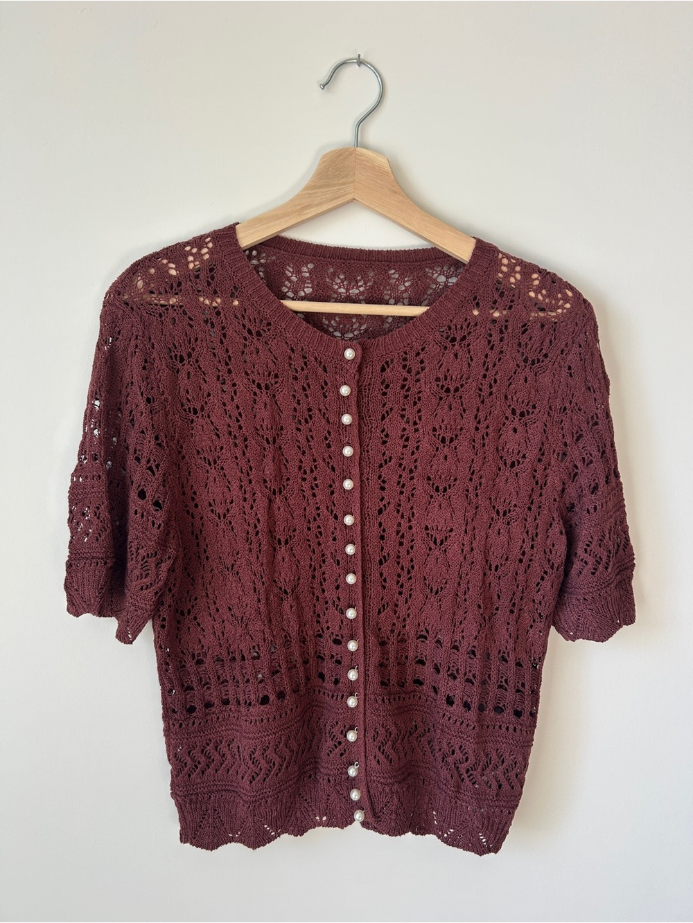 SHEIN Burgundy Crochet Pearl-Button Short Sleeve Top